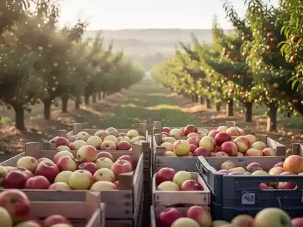 Frisches Obst in Holzkisten auf einem landwirtschaftlichen Betrieb während der Erntezeit. - Foto: über boerse-global.de