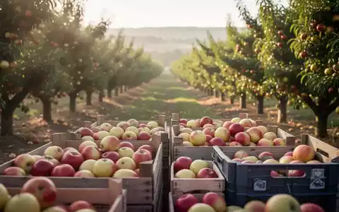 Frisches Obst in Holzkisten auf einem landwirtschaftlichen Betrieb während der Erntezeit. - Foto: über boerse-global.de