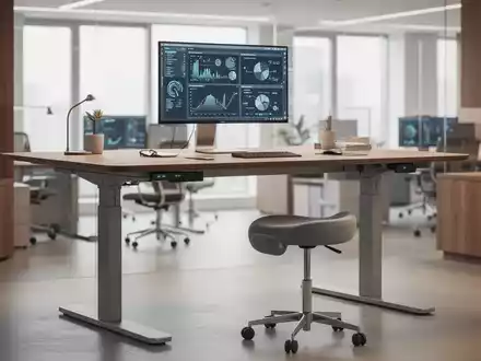 Moderner, ergonomischer Arbeitsplatz mit höhenverstellbarem Schreibtisch und Stehhilfe in einem hellen Büro. - Foto: über boerse-global.de