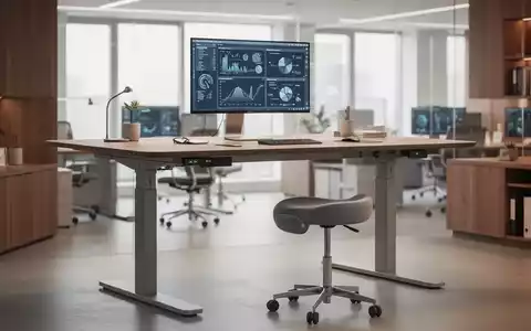 Moderner, ergonomischer Arbeitsplatz mit höhenverstellbarem Schreibtisch und Stehhilfe in einem hellen Büro. - Foto: über boerse-global.de