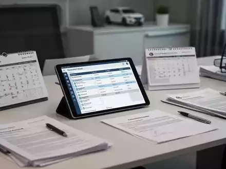 Ein moderner Schreibtisch im Fuhrparkmanagement mit Tablet, Unterlagen und Kalender zur Planung von Betriebssicherheit. - Foto: über boerse-global.de