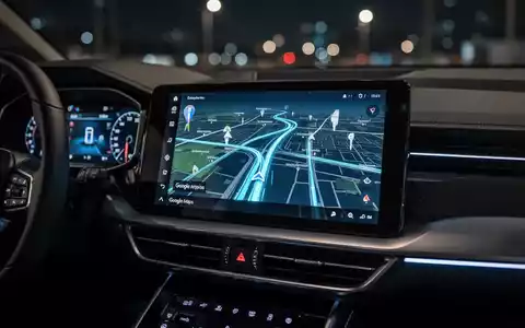 Ein modernes Auto-Infotainment-Display zeigt eine detaillierte 3D-Navigationskarte von Google Maps bei Nacht. - Foto: über boerse-global.de