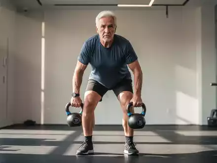 Eine Person über 50 Jahre führt in einem hellen Fitnessstudio konzentriert ein Farmer's Carry Training aus. - Foto: über boerse-global.de