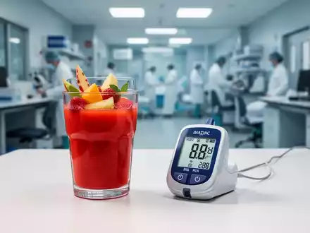 Ein Glas Fruchtsaft neben einem digitalen Blutzuckermessgerät in einem klinischen Umfeld. - Foto: über boerse-global.de