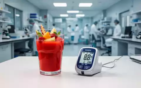 Ein Glas Fruchtsaft neben einem digitalen Blutzuckermessgerät in einem klinischen Umfeld. - Foto: über boerse-global.de