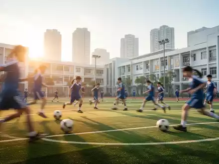 Schüler in Sportkleidung auf einem modernen Sportplatz bei einer aktiven Sportstunde während des Sonnenaufgangs. - Foto: über boerse-global.de