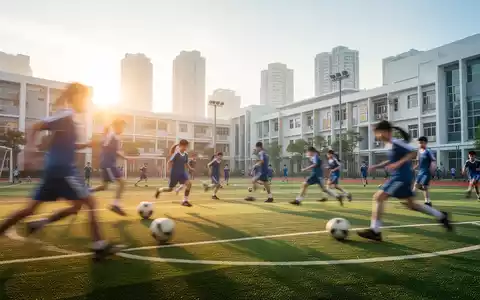 Schüler in Sportkleidung auf einem modernen Sportplatz bei einer aktiven Sportstunde während des Sonnenaufgangs. - Foto: über boerse-global.de