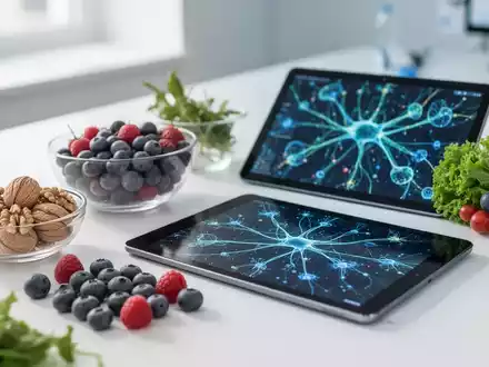 Gesunde Lebensmittel wie Nüsse und Beeren neben einem Tablet mit Daten zur Gehirngesundheit auf einem Schreibtisch. - Foto: über boerse-global.de