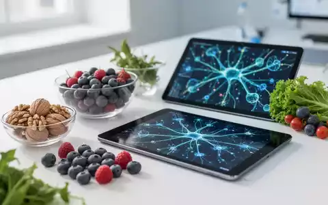 Gesunde Lebensmittel wie Nüsse und Beeren neben einem Tablet mit Daten zur Gehirngesundheit auf einem Schreibtisch. - Foto: über boerse-global.de