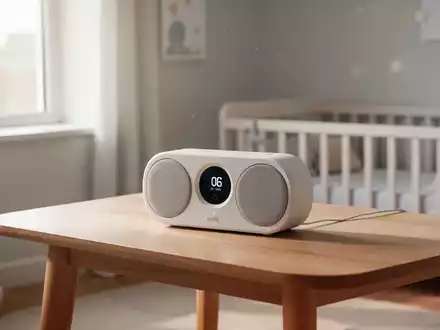Ein minimalistisches, kindgerechtes Audiogerät auf einem hellen Holztisch in einem modernen Kinderzimmer. - Foto: über boerse-global.de