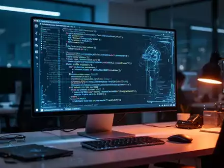 Ein moderner Computerarbeitsplatz mit Programmcode auf dem Bildschirm als Symbol für den Wandel durch Künstliche Intelligenz. - Foto: über boerse-global.de