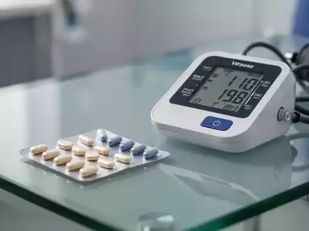 Blisterpackung mit Medikamenten und ein digitales Blutdruckmessgerät auf einem modernen Labortisch. - Foto: über boerse-global.de