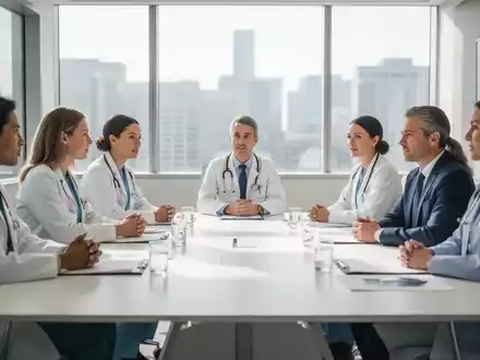 Fachleute aus Gesundheitswesen und Verwaltung im professionellen Austausch an einem Konferenztisch. - Foto: über boerse-global.de