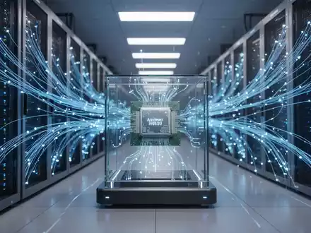 Modernes Rechenzentrum mit leuchtenden Glasfaserkabeln und Server-Racks als Symbol für die KI-Wettbewerbslandschaft. - Foto: über boerse-global.de