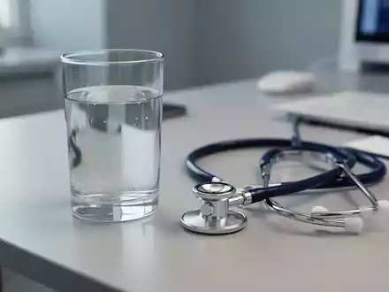 Ein Glas Wasser neben einem medizinischen Stethoskop auf einem klinischen Schreibtisch. - Foto: über boerse-global.de