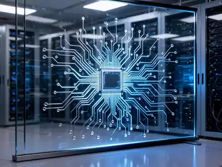 Glühende digitale Visualisierung einer komplexen Halbleiterplatine in einem Hightech-Labor. - Foto: über boerse-global.de