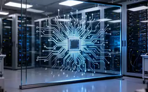 Glühende digitale Visualisierung einer komplexen Halbleiterplatine in einem Hightech-Labor. - Foto: über boerse-global.de