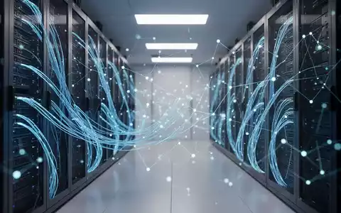 Moderne Serveranlage mit leuchtenden Glasfaserkabeln und digitalen Datenknoten, die die technische Infrastruktur symbolisiert. - Foto: über boerse-global.de