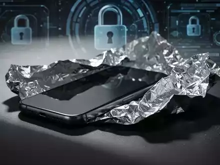 Ein Smartphone, das teilweise in zerknitterte Alufolie eingewickelt ist, um Signale abzuschirmen. - Foto: über boerse-global.de