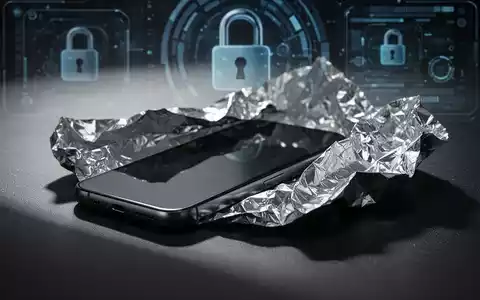 Ein Smartphone, das teilweise in zerknitterte Alufolie eingewickelt ist, um Signale abzuschirmen. - Foto: über boerse-global.de