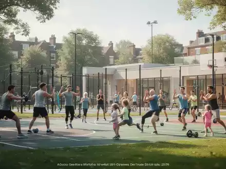 Menschen unterschiedlichen Alters bei gemeinschaftlichen Sport- und Fitnessübungen in einer modernen Außenanlage. - Foto: über boerse-global.de