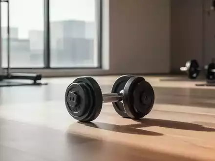 Ein minimalistisches Fitnessstudio mit einer Hantel auf einem Holzboden bei weichem, natürlichem Licht. - Foto: über boerse-global.de