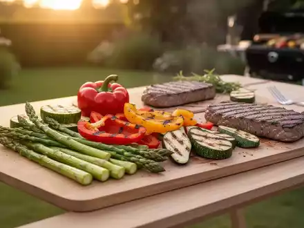 Ein modern gedeckter Grilltisch mit gesundem, gegrilltem Gemüse und magerem Fleisch in sommerlichem Licht. - Foto: über boerse-global.de