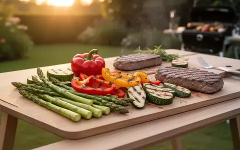 Ein modern gedeckter Grilltisch mit gesundem, gegrilltem Gemüse und magerem Fleisch in sommerlichem Licht. - Foto: über boerse-global.de