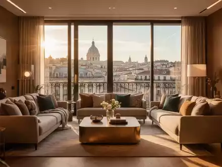 Modernes, sonnendurchflutetes Wohnzimmer in einem Privathaus mit Blick auf eine europäische Stadt. - Foto: über boerse-global.de