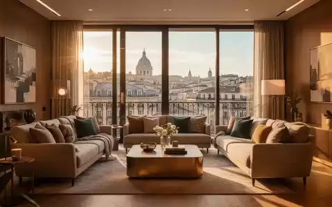 Modernes, sonnendurchflutetes Wohnzimmer in einem Privathaus mit Blick auf eine europäische Stadt. - Foto: über boerse-global.de