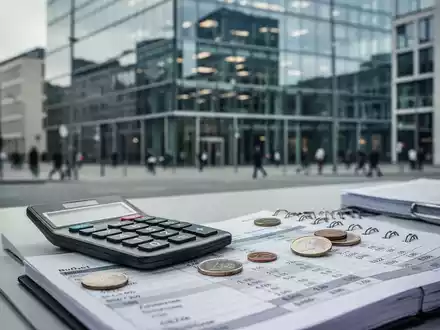 Ein Schreibtisch mit Taschenrechner und Euromünzen vor einem verschwommenen Bürogebäude als Symbol für wirtschaftliche Sparmaßnahmen. - Foto: über boerse-global.de