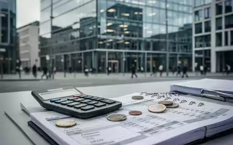 Ein Schreibtisch mit Taschenrechner und Euromünzen vor einem verschwommenen Bürogebäude als Symbol für wirtschaftliche Sparmaßnahmen. - Foto: über boerse-global.de