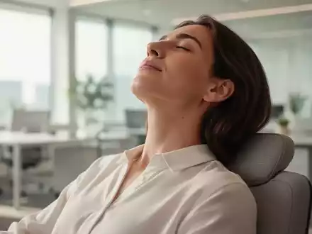 Eine Person sitzt entspannt in einer modernen Umgebung und konzentriert sich auf ihren Nacken- und Kieferbereich. - Foto: über boerse-global.de