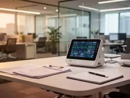 Ein moderner, ergonomischer Büroarbeitsplatz mit medizinischen Unterlagen und einem digitalen Gesundheitsmonitor. - Foto: über boerse-global.de