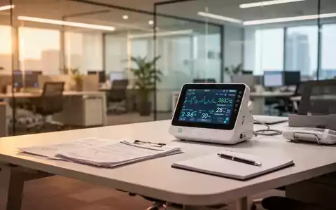 Ein moderner, ergonomischer Büroarbeitsplatz mit medizinischen Unterlagen und einem digitalen Gesundheitsmonitor. - Foto: über boerse-global.de