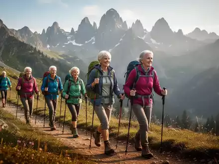 Eine Gruppe aktiver Wanderer in den 50ern genießt eine Bergwanderung in einer sonnigen alpinen Landschaft. - Foto: über boerse-global.de