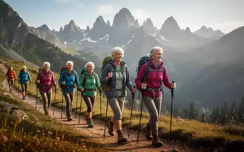 Eine Gruppe aktiver Wanderer in den 50ern genießt eine Bergwanderung in einer sonnigen alpinen Landschaft. - Foto: über boerse-global.de
