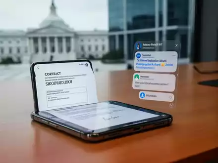 Ein Smartphone zeigt verdächtige digitale Vertragsdokumente und E-Mail-Benachrichtigungen auf einem professionellen Schreibtisch. - Foto: über boerse-global.de