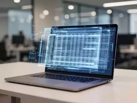 Ein Laptop-Bildschirm zeigt holografische Tabellendaten und KI-gestützte Analysevisualisierungen in einem professionellen Büro. - Foto: über boerse-global.de
