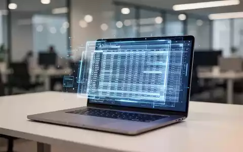 Ein Laptop-Bildschirm zeigt holografische Tabellendaten und KI-gestützte Analysevisualisierungen in einem professionellen Büro. - Foto: über boerse-global.de