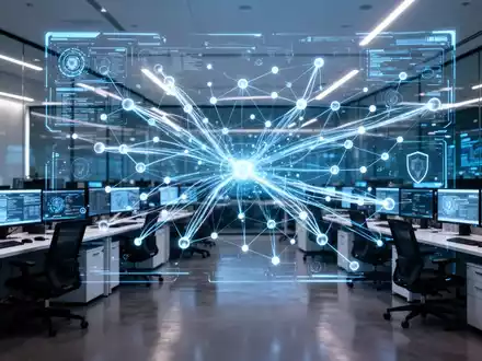 Hochsicherheits-Cyberoperationszentrum mit digitalen Netzwerkknoten und Datenströmen auf einem Monitor. - Foto: über boerse-global.de