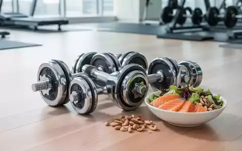 Hanteln und eine gesunde Lachs-Bowl als Symbol für die Kombination aus Krafttraining und gesunder Ernährung. - Foto: über boerse-global.de