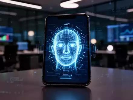 Nahaufnahme eines Smartphone-Bildschirms mit biometrischem Gesichtsscan in einem modernen Büro. - Foto: über boerse-global.de