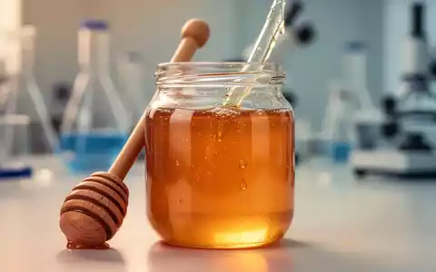 Ein Glas mit hochwertigem goldenen Honig und einem Honiglöffel vor einem unscharfen klinischen Hintergrund. - Foto: über boerse-global.de