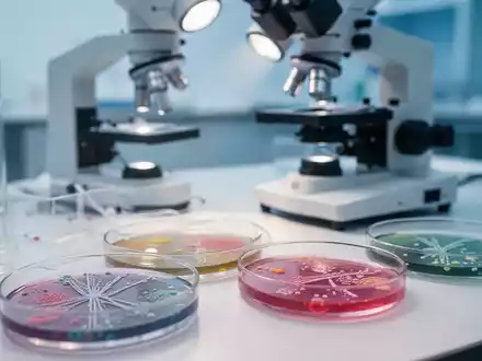 Wissenschaftliche Laborumgebung mit Mikroskop und Bakterienkulturen in Petrischalen zur Untersuchung des Mikrobioms. - Foto: über boerse-global.de