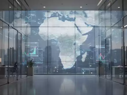 Modernes Bürogebäude mit einer digitalen Weltkarte im Hintergrund, die Afrika hervorhebt. - Foto: über boerse-global.de