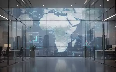 Modernes Bürogebäude mit einer digitalen Weltkarte im Hintergrund, die Afrika hervorhebt. - Foto: über boerse-global.de