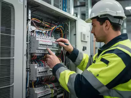 Elektrofachkraft bei der präzisen Installation einer modernen Klimaanlage in einem gewerblichen Gebäude. - Foto: über boerse-global.de