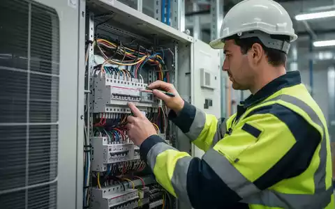 Elektrofachkraft bei der präzisen Installation einer modernen Klimaanlage in einem gewerblichen Gebäude. - Foto: über boerse-global.de