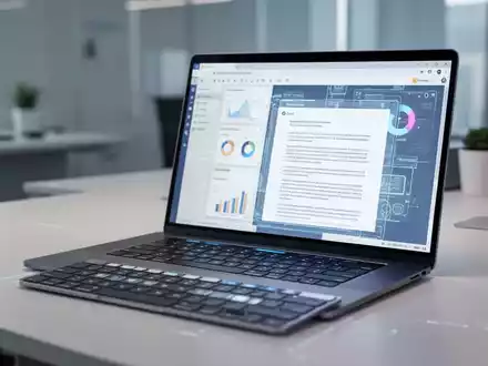 Moderner Büroschreibtisch mit Laptop, der professionelle webbasierte Dokument- und Tabellenansicht zeigt. - Foto: über boerse-global.de